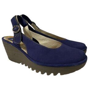 Fly London Ylux Leather Wedge Sandals Blue Size 40 Suede Platform Chunky Heel